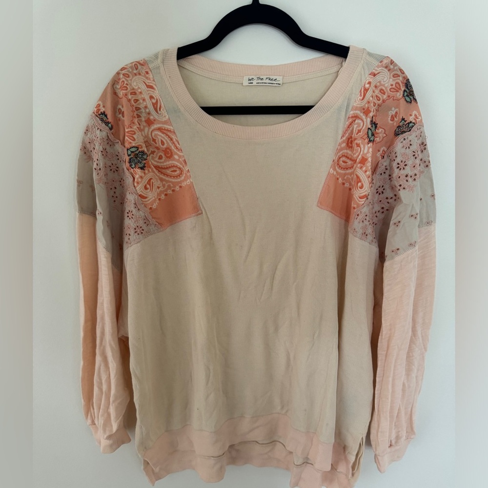 We The Free Cream and Pink Patchwork Top
